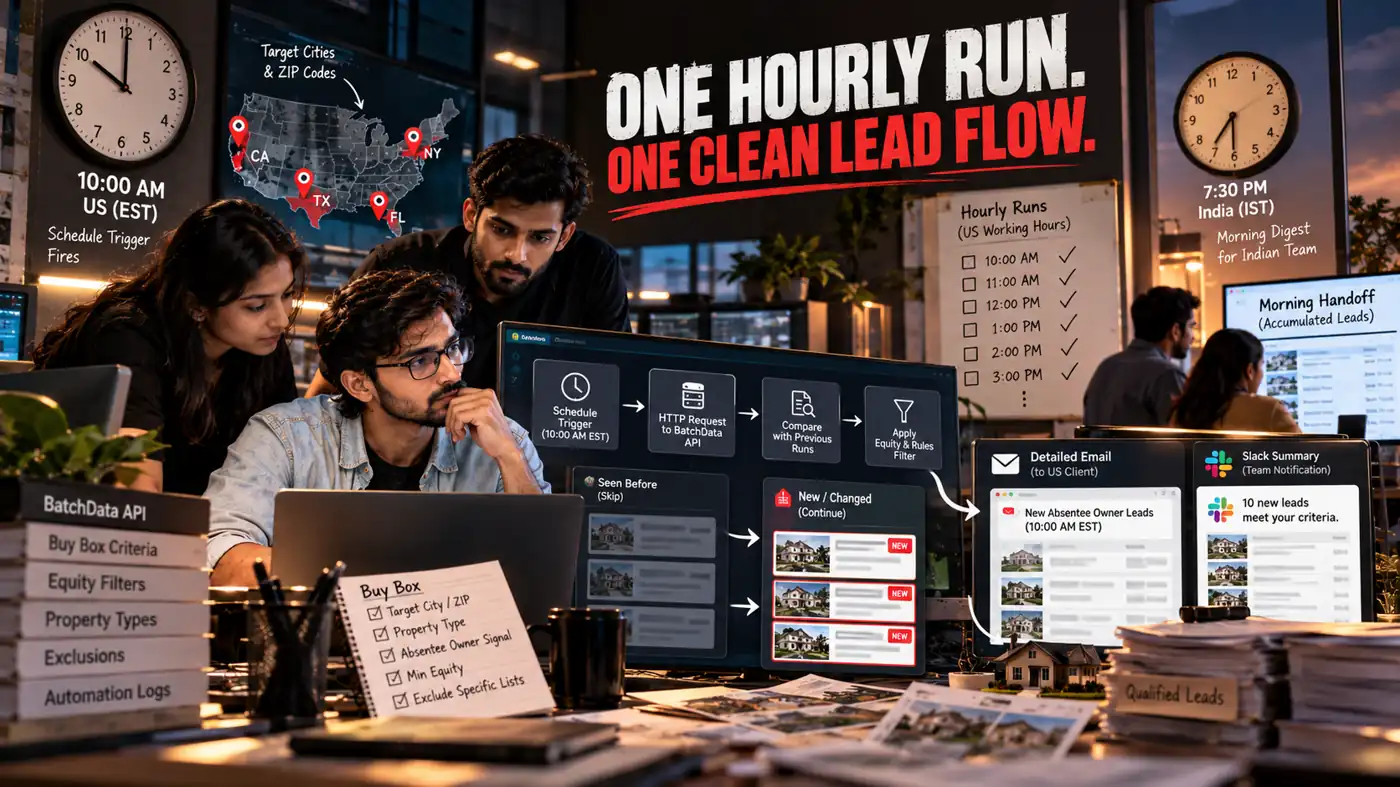 One hourly absentee owner list automation run on the BatchData API that sends real estate lead alerts and new listing alerts for high equity properties