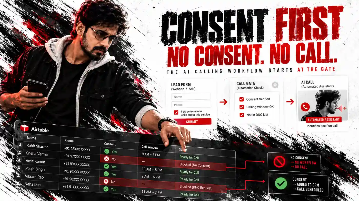 Consent first, no consent no call: the AI calling agent for lead generation checks consent, calling window and DNC status in Airtable CRM before the voice call AI agent in n8n dials