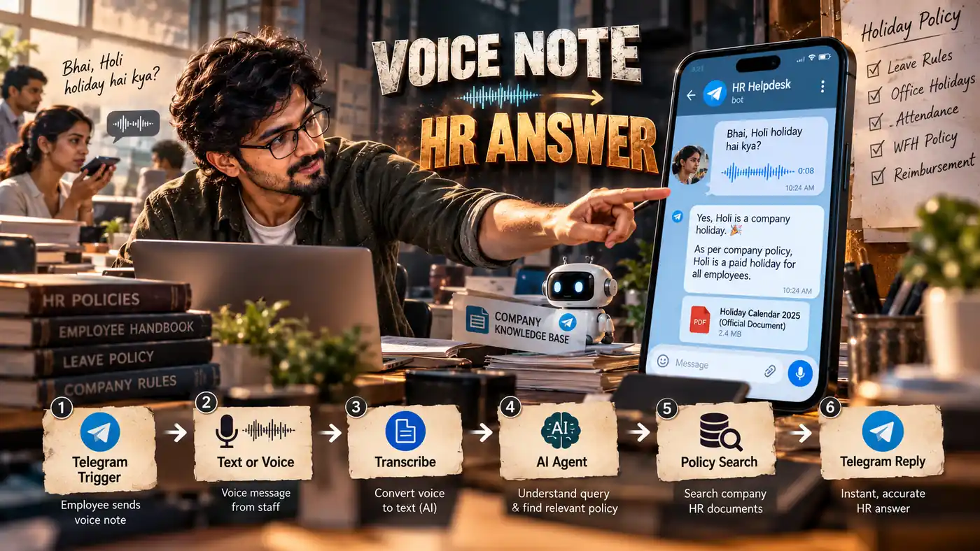 From voice note to answer: the node path of an HR helpdesk chatbot on Telegram with voice note support, an HR chatbot for employees and a pgvector knowledge base