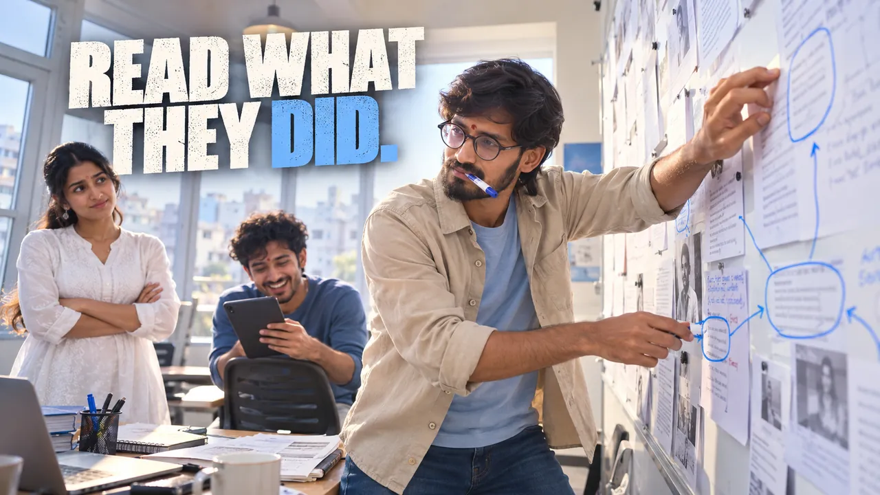 Radha Krishna pins interview transcripts to a wall and circles what people actually did, the way he reads AI customer interviews without fooling himself, with the UpcomingTools team watching