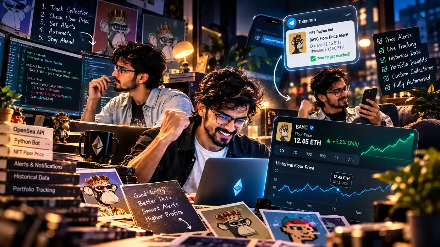 Telegram AI agent price alerts from an NFT floor price tracker bot using OpenSea API v2, an OpenSea API key and NFT market analysis when a threshold is reached