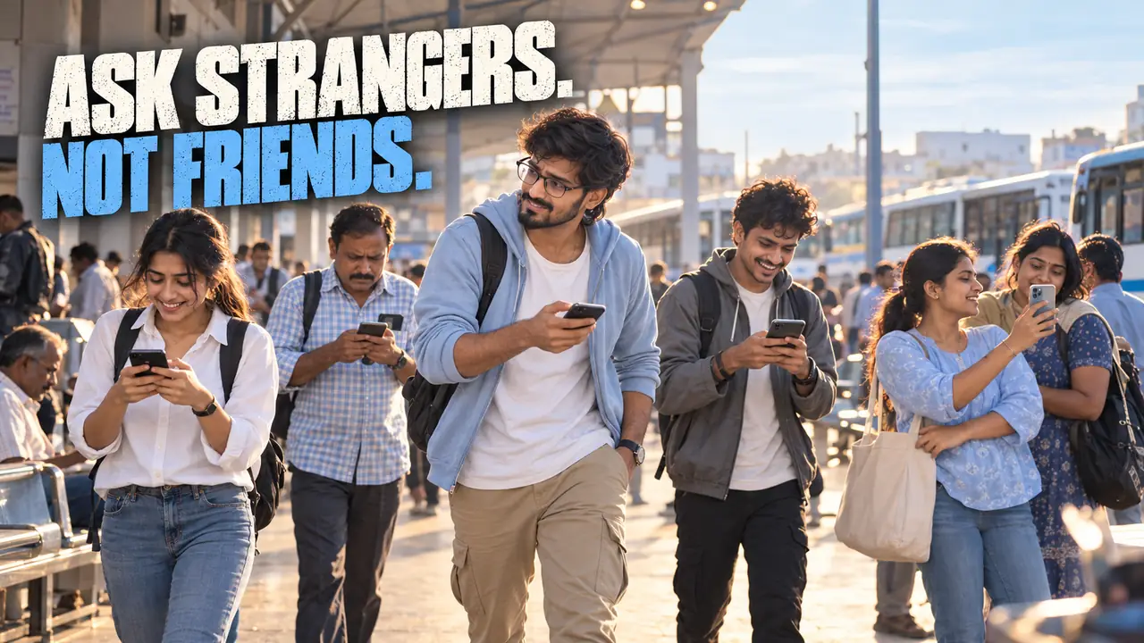 Radha Krishna walks through a busy Andhra bus stand where strangers answer a customer interview AI tool on their phones, the kind of user research for startups in India he recommends over asking friends