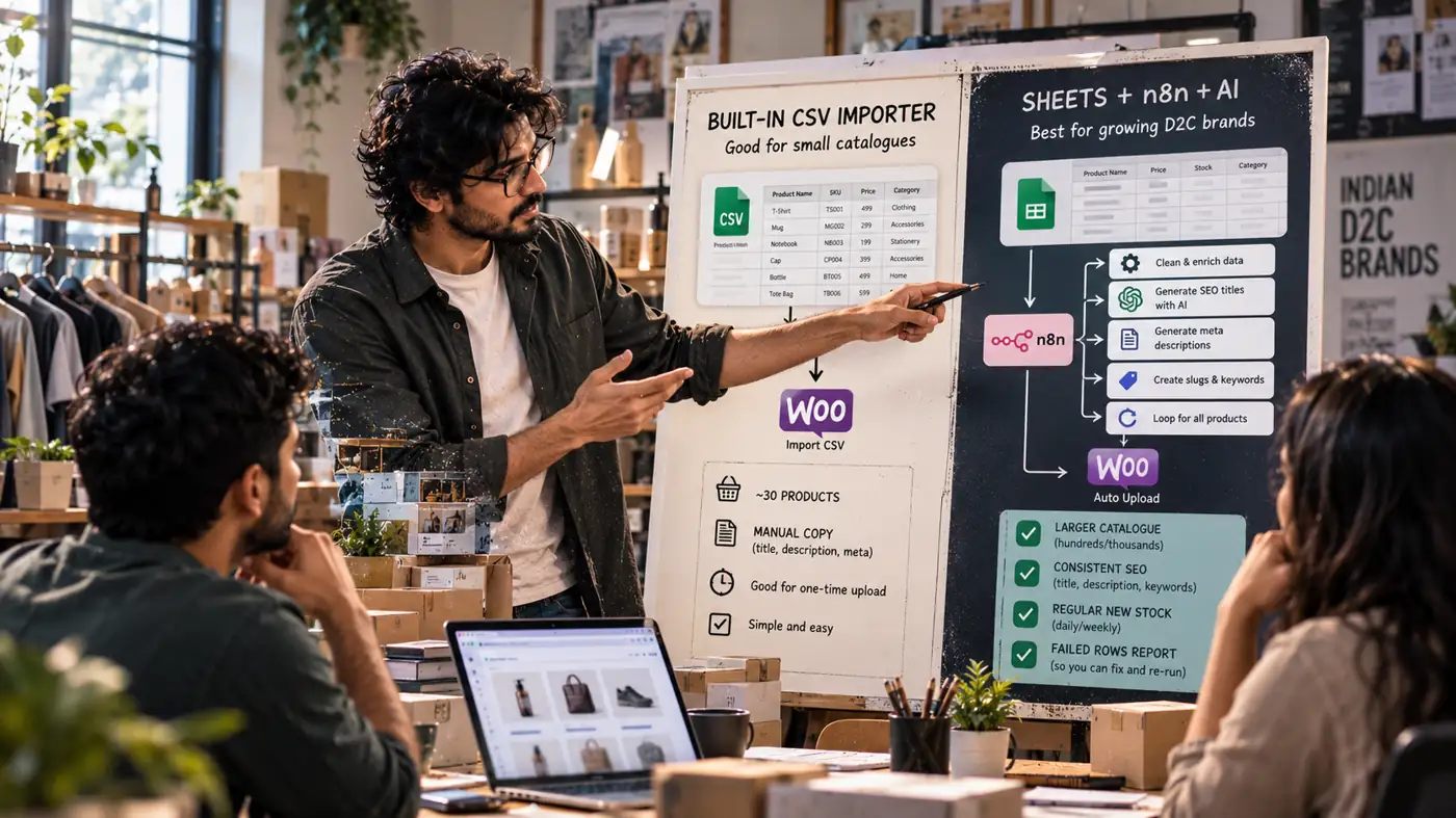 WooCommerce bulk product upload with AI starts by comparing a woocommerce bulk product upload CSV with Google Sheets to WooCommerce before AI product descriptions and SEO meta titles are added